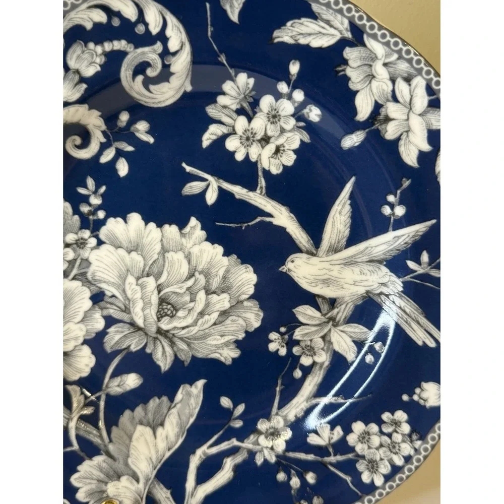 Adelaide Dark Blue‎ Salad Plates 222 Fifth Set Of 4. Bird And Flowers. New.